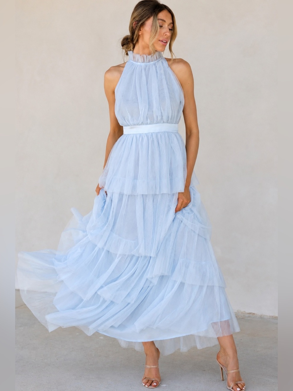 Aura Powder Blue Tiered Tulle Maxi Dress | Romantic Formal Gown | Wedding Guest - Picture 1 of 6